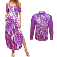 Polynesia Valentine Day Couples Matching Summer Maxi Dress and Long Sleeve Button Shirt Polynesian Sea Turtle Purple Version LT14 Purple - Polynesian Pride
