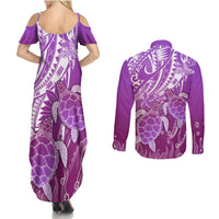 Polynesia Valentine Day Couples Matching Summer Maxi Dress and Long Sleeve Button Shirt Polynesian Sea Turtle Purple Version LT14 - Polynesian Pride