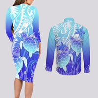 Polynesia Valentine Day Couples Matching Long Sleeve Bodycon Dress and Long Sleeve Button Shirt Polynesian Sea Turtle Turquoise Version LT14 - Polynesian Pride