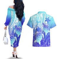 Polynesia Valentine Day Couples Matching Off The Shoulder Long Sleeve Dress and Hawaiian Shirt Polynesian Sea Turtle Turquoise Version LT14 - Polynesian Pride