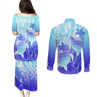 Polynesia Valentine Day Couples Matching Puletasi Dress and Long Sleeve Button Shirt Polynesian Sea Turtle Turquoise Version LT14 - Polynesian Pride