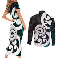 Aotearoa Koru Couples Matching Short Sleeve Bodycon Dress and Long Sleeve Button Shirt Cyan Maori Paua Shell Mix Silver Fern