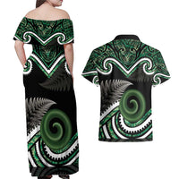 Koru Pounamu Aotearoa Couples Matching Off Shoulder Maxi Dress and Hawaiian Shirt Maori Paua Shell Mix Silver Fern