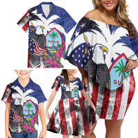 United States Guam Family Matching Off Shoulder Short Dress and Hawaiian Shirt USA Eagle Guahan Seal Bougainvillea LT14 - Polynesian Pride