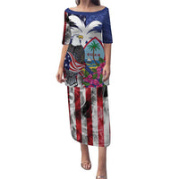 United States Guam Family Matching Puletasi and Hawaiian Shirt USA Eagle Guahan Seal Bougainvillea LT14 Mom's Dress Blue - Polynesian Pride