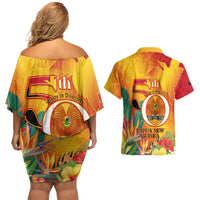 Papua New Guinea Independence Day Couples Matching Off Shoulder Short Dress and Hawaiian Shirt 50th Anniversary Unity in Diversity