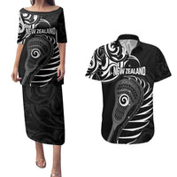 Personalised New Zealand Silver Fern Lacrosse Couples Matching Puletasi and Hawaiian Shirt Aotearoa Maori Pattern