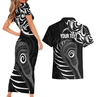 Personalised New Zealand Silver Fern Lacrosse Couples Matching Short Sleeve Bodycon Dress and Hawaiian Shirt Aotearoa Maori Pattern