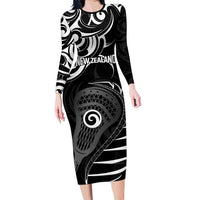 Personalised New Zealand Silver Fern Lacrosse Family Matching Long Sleeve Bodycon Dress and Hawaiian Shirt Aotearoa Maori Pattern LT14 Mom's Dress Black - Polynesian Pride