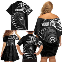 Personalised New Zealand Silver Fern Lacrosse Family Matching Off Shoulder Short Dress and Hawaiian Shirt Aotearoa Maori Pattern