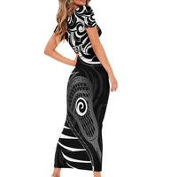 Personalised New Zealand Silver Fern Lacrosse Family Matching Short Sleeve Bodycon Dress and Hawaiian Shirt Aotearoa Maori Pattern LT14 - Polynesian Pride