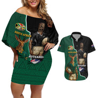 Personalised New Zealand And South Africa Rugby Couples Matching Off Shoulder Short Dress and Hawaiian Shirt 2024 All Black Springboks Mascots Together LT14 Green - Polynesian Pride