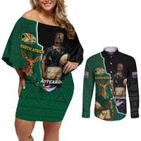 Personalised New Zealand And South Africa Rugby Couples Matching Off Shoulder Short Dress and Long Sleeve Button Shirt 2024 All Black Springboks Mascots Together LT14 Green - Polynesian Pride