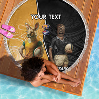 Personalised New Zealand And Australia Rugby Beach Blanket 2024 All Black Wallabies Mascots Together