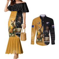 Personalised New Zealand And Australia Rugby Couples Matching Mermaid Dress and Long Sleeve Button Shirt 2024 All Black Wallabies Mascots Together LT14 Black - Polynesian Pride