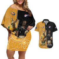 Personalised New Zealand And Australia Rugby Couples Matching Off Shoulder Short Dress and Hawaiian Shirt 2024 All Black Wallabies Mascots Together LT14 Black - Polynesian Pride