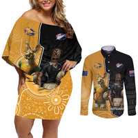 Personalised New Zealand And Australia Rugby Couples Matching Off Shoulder Short Dress and Long Sleeve Button Shirt 2024 All Black Wallabies Mascots Together LT14 Black - Polynesian Pride