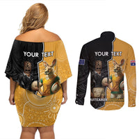 Personalised New Zealand And Australia Rugby Couples Matching Off Shoulder Short Dress and Long Sleeve Button Shirt 2024 All Black Wallabies Mascots Together LT14 - Polynesian Pride