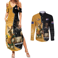 Personalised New Zealand And Australia Rugby Couples Matching Summer Maxi Dress and Long Sleeve Button Shirt 2024 All Black Wallabies Mascots Together LT14 Black - Polynesian Pride