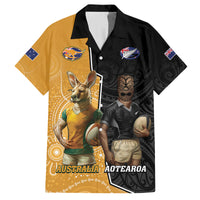 Personalised New Zealand And Australia Rugby Family Matching Long Sleeve Bodycon Dress and Hawaiian Shirt 2024 All Black Wallabies Mascots Together