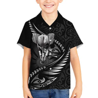Personalised All Black New Zealand Darts Family Matching Off The Shoulder Long Sleeve Dress and Hawaiian Shirt Aoteroa Fern Maori Galaxy Style