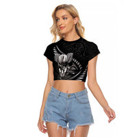 Personalised All Black New Zealand Darts Raglan Cropped T Shirt Aoteroa Fern Maori Galaxy Style LT14 Female Black - Polynesian Pride