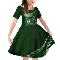 Personalised All Green New Zealand Darts Family Matching Off Shoulder Short Dress and Hawaiian Shirt Aoteroa Fern Maori Galaxy Style LT14 Daughter's Dress Green - Polynesian Pride