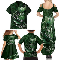 Personalised All Green New Zealand Darts Family Matching Summer Maxi Dress and Hawaiian Shirt Aoteroa Fern Maori Galaxy Style