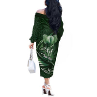 Personalised All Green New Zealand Darts Off The Shoulder Long Sleeve Dress Aoteroa Fern Maori Galaxy Style
