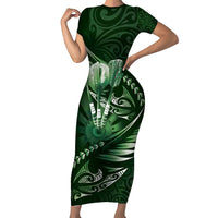 Personalised All Green New Zealand Darts Short Sleeve Bodycon Dress Aoteroa Fern Maori Galaxy Style
