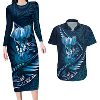 Personalised All Blue New Zealand Darts Couples Matching Long Sleeve Bodycon Dress and Hawaiian Shirt Aoteroa Fern Maori Galaxy Style