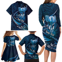 Personalised All Blue New Zealand Darts Family Matching Long Sleeve Bodycon Dress and Hawaiian Shirt Aoteroa Fern Maori Galaxy Style LT14 - Polynesian Pride