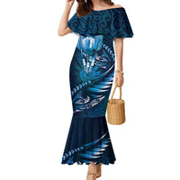 Personalised All Blue New Zealand Darts Family Matching Mermaid Dress and Hawaiian Shirt Aoteroa Fern Maori Galaxy Style LT14 Mom's Dress Blue - Polynesian Pride