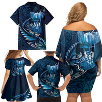 Personalised All Blue New Zealand Darts Family Matching Off Shoulder Short Dress and Hawaiian Shirt Aoteroa Fern Maori Galaxy Style LT14 - Polynesian Pride