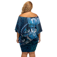 Personalised All Blue New Zealand Darts Family Matching Off Shoulder Short Dress and Hawaiian Shirt Aoteroa Fern Maori Galaxy Style LT14 - Polynesian Pride