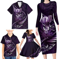 Personalised All Purple New Zealand Darts Family Matching Long Sleeve Bodycon Dress and Hawaiian Shirt Aoteroa Fern Maori Galaxy Style LT14 - Polynesian Pride
