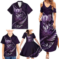Personalised All Purple New Zealand Darts Family Matching Summer Maxi Dress and Hawaiian Shirt Aoteroa Fern Maori Galaxy Style