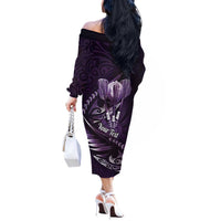 Personalised All Purple New Zealand Darts Off The Shoulder Long Sleeve Dress Aoteroa Fern Maori Galaxy Style LT14 - Polynesian Pride