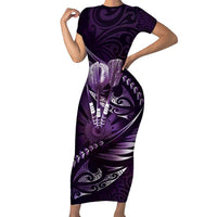 Personalised All Purple New Zealand Darts Short Sleeve Bodycon Dress Aoteroa Fern Maori Galaxy Style LT14 Long Dress Purple - Polynesian Pride