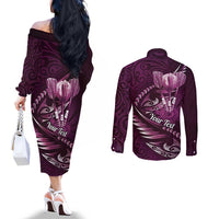Personalised All Pink New Zealand Darts Couples Matching Off The Shoulder Long Sleeve Dress and Long Sleeve Button Shirt Aoteroa Fern Maori Galaxy Style