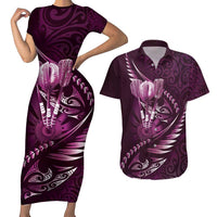 Personalised All Pink New Zealand Darts Couples Matching Short Sleeve Bodycon Dress and Hawaiian Shirt Aoteroa Fern Maori Galaxy Style LT14 Pink - Polynesian Pride