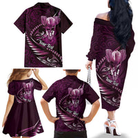Personalised All Pink New Zealand Darts Family Matching Off The Shoulder Long Sleeve Dress and Hawaiian Shirt Aoteroa Fern Maori Galaxy Style LT14 - Polynesian Pride