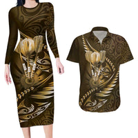 Personalised All Gold New Zealand Darts Couples Matching Long Sleeve Bodycon Dress and Hawaiian Shirt Aoteroa Fern Maori Galaxy Style LT14 Gold - Polynesian Pride