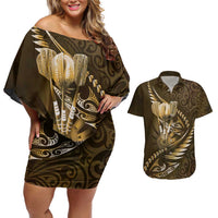 Personalised All Gold New Zealand Darts Couples Matching Off Shoulder Short Dress and Hawaiian Shirt Aoteroa Fern Maori Galaxy Style LT14 Gold - Polynesian Pride
