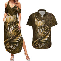 Personalised All Gold New Zealand Darts Couples Matching Summer Maxi Dress and Hawaiian Shirt Aoteroa Fern Maori Galaxy Style LT14 Gold - Polynesian Pride