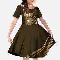 Personalised All Gold New Zealand Darts Family Matching Off The Shoulder Long Sleeve Dress and Hawaiian Shirt Aoteroa Fern Maori Galaxy Style LT14 Daughter's Dress Gold - Polynesian Pride