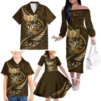 Personalised All Gold New Zealand Darts Family Matching Off The Shoulder Long Sleeve Dress and Hawaiian Shirt Aoteroa Fern Maori Galaxy Style LT14 - Polynesian Pride