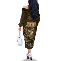 Personalised All Gold New Zealand Darts Family Matching Off The Shoulder Long Sleeve Dress and Hawaiian Shirt Aoteroa Fern Maori Galaxy Style LT14 - Polynesian Pride