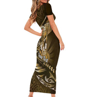 Personalised All Gold New Zealand Darts Family Matching Short Sleeve Bodycon Dress and Hawaiian Shirt Aoteroa Fern Maori Galaxy Style LT14 - Polynesian Pride