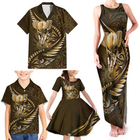 Personalised All Gold New Zealand Darts Family Matching Tank Maxi Dress and Hawaiian Shirt Aoteroa Fern Maori Galaxy Style